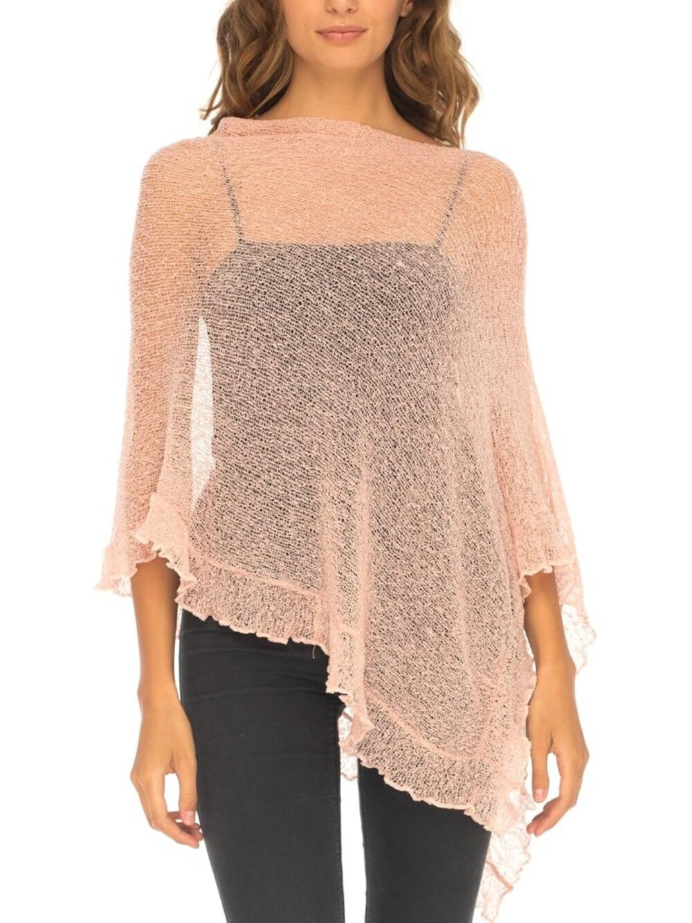 Women’s Dusty Pink Sheer Knit Poncho Shrug Lightweight Asymmetrical Ruffle Wraps